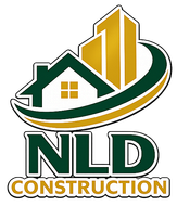 Logo for NLD Construction: Green and gold building and house over swoosh, with "NLD CONSTRUCTION" text.