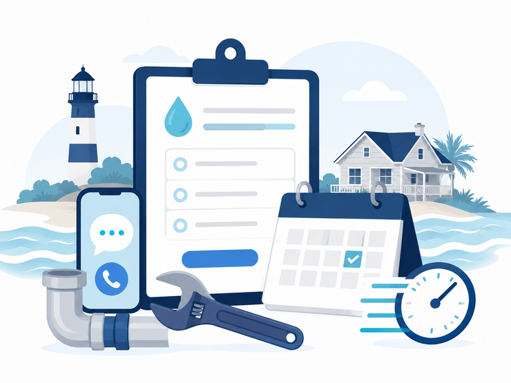 Blue home service checklist with phone, wrench, calendar, and clock beside a lighthouse and house