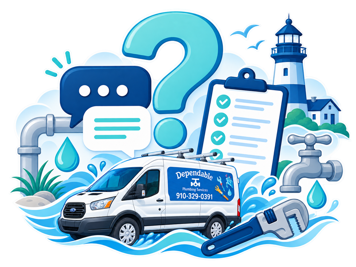 Blue emergency service van with chat icons, checklist, lighthouse, and water-themed symbols to represent support.