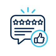 Star rating review icon with thumbs-up approval symbol in blue and white