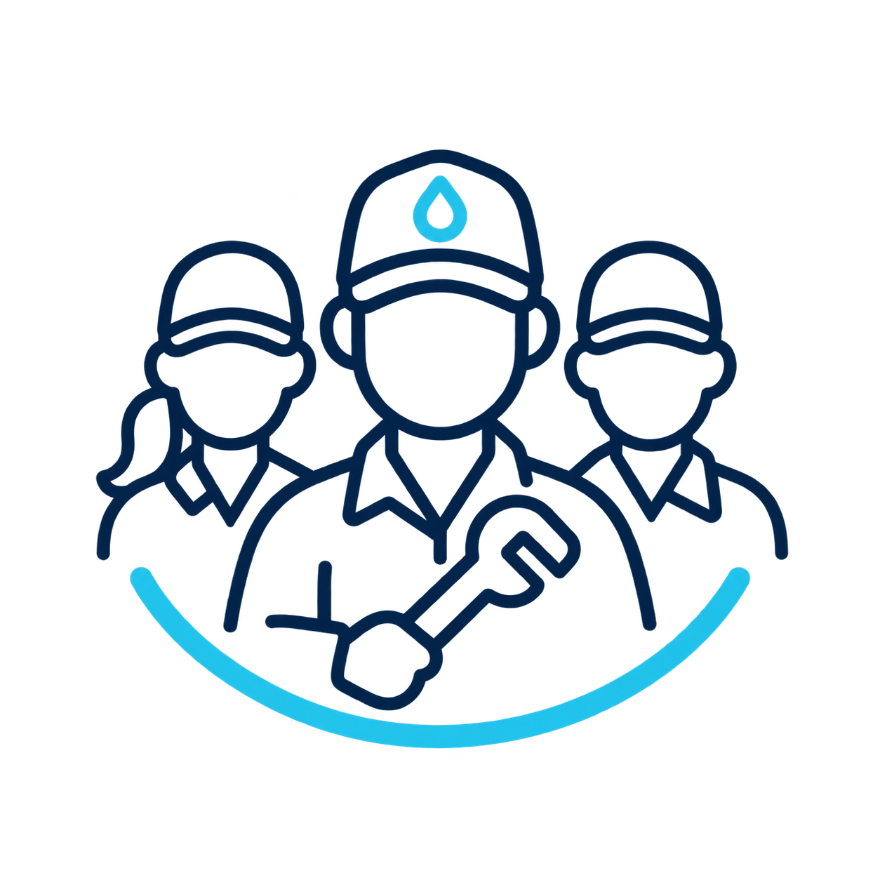 Three maintenance workers in navy outline, central figure with wrench and hardhat, curved blue line below