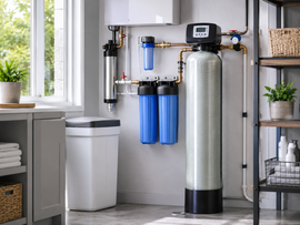Home water filtration system with blue cartridges and a tall silver tank beside a window and sink area
