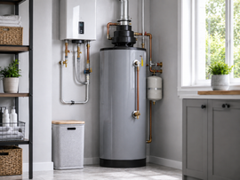 Modern water heater unit in a bright utility room beside a window and cabinets