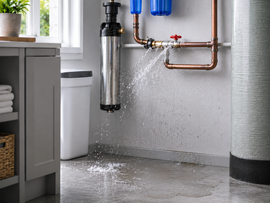 Leaking under-sink pipe spraying water onto a bathroom floor and wall