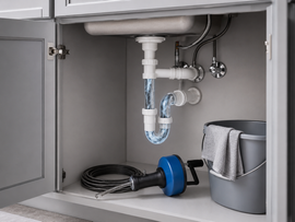 Under-sink plumbing with P-trap, blue plunger, coiled hose, and a gray bucket in a cabinet