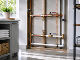 Plumbing pipes and valves exposed in an unfinished wall beside a shelf and potted plant