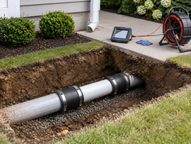 Trench dug beside a house exposing an underground pipe, with a repair camera and cable nearby