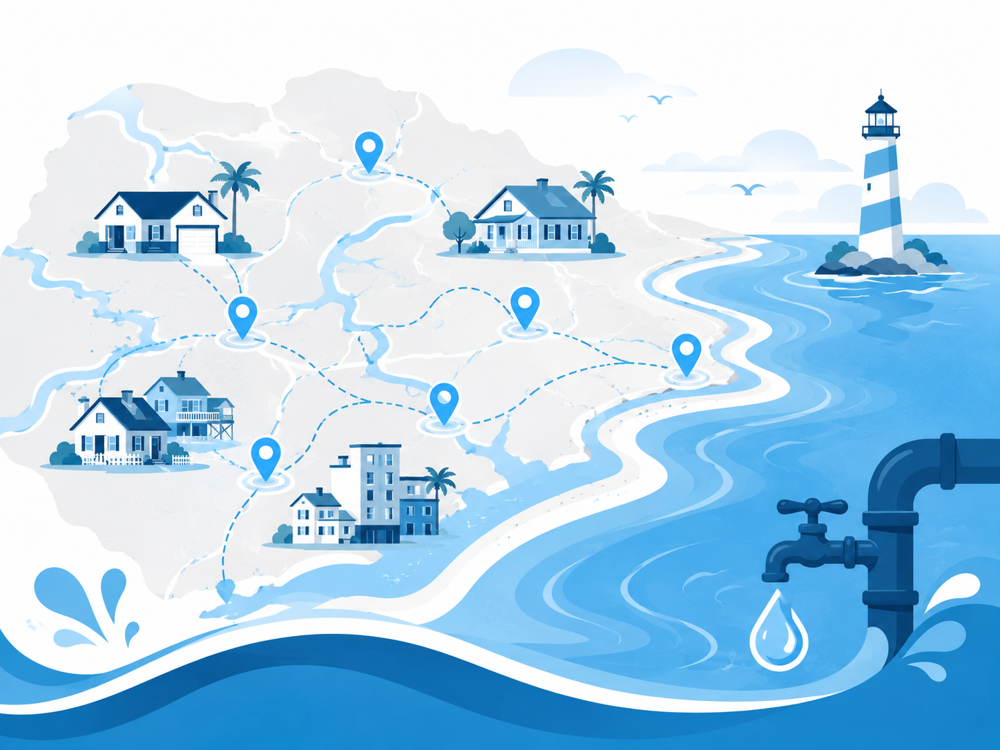 Blue water supply map with homes, location pins, and a lighthouse beside a flowing pipe and faucet.