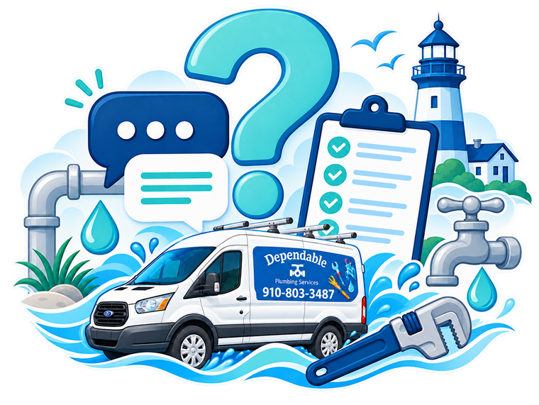 Blue help desk van beside checklist, chat bubble, question mark, and lighthouse by water taps.