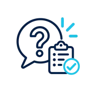 Question mark speech bubble with clipboard checklist and blue checkmark icons