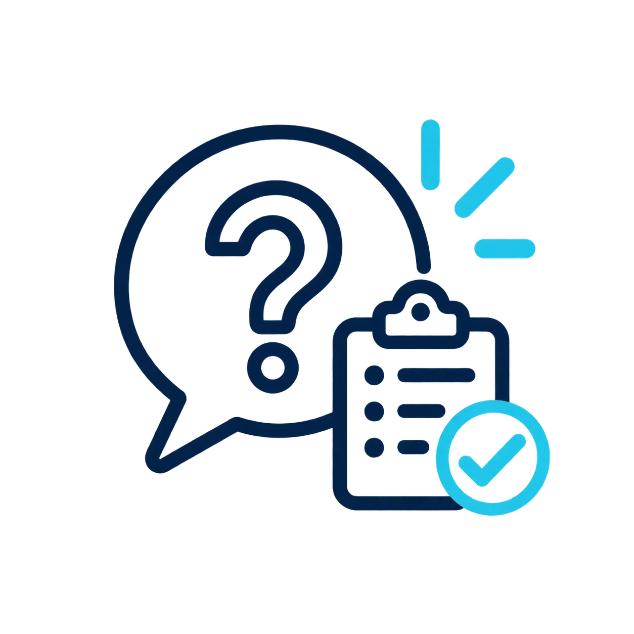 Question mark speech bubble with clipboard checklist and blue checkmark icons