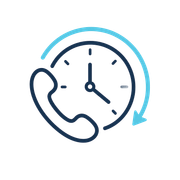 Blue clock with circular arrow and phone handset, symbolizing call timing or callback.