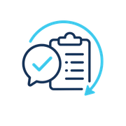 Checklist icon with speech bubble and circular arrow in blue and dark navy