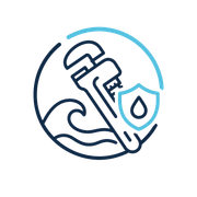 Pipe wrench over wave with water droplet shield icon in blue and navy outline