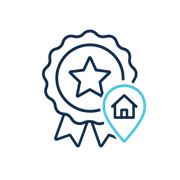 Award badge with star and house location pin icon in navy and blue outlines