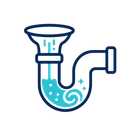 Blue outlined sink drain with U-bend pipe and flowing water icon