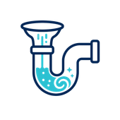 Blue outlined sink drain with U-bend pipe and flowing water icon