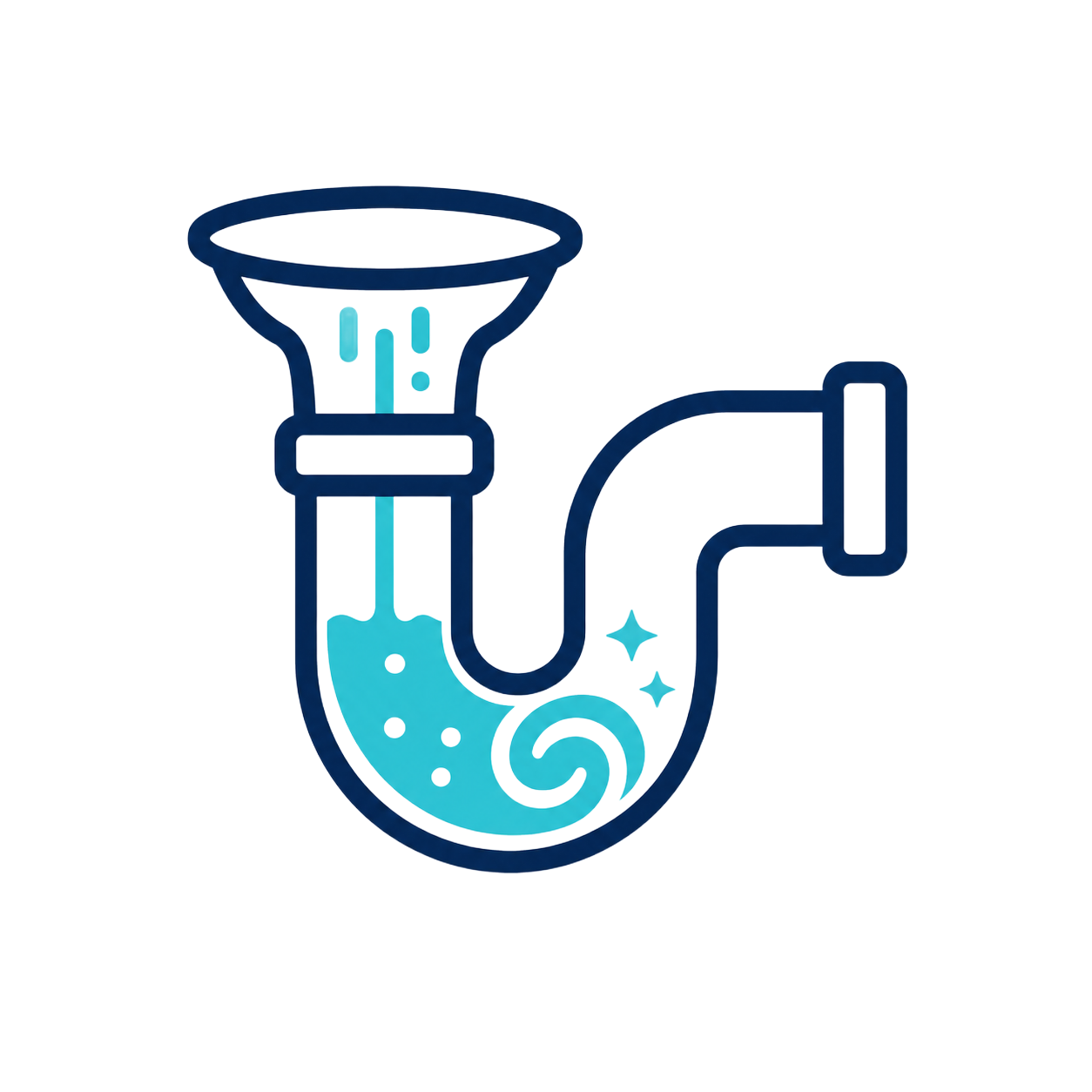 Blue outlined sink drain with U-bend pipe and flowing water icon