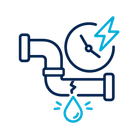 Blue plumbing pipes with a clock, lightning bolt, and water droplet indicating a leak or maintenance issue