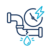 Blue plumbing pipes with a clock, lightning bolt, and water droplet indicating a leak or maintenance issue