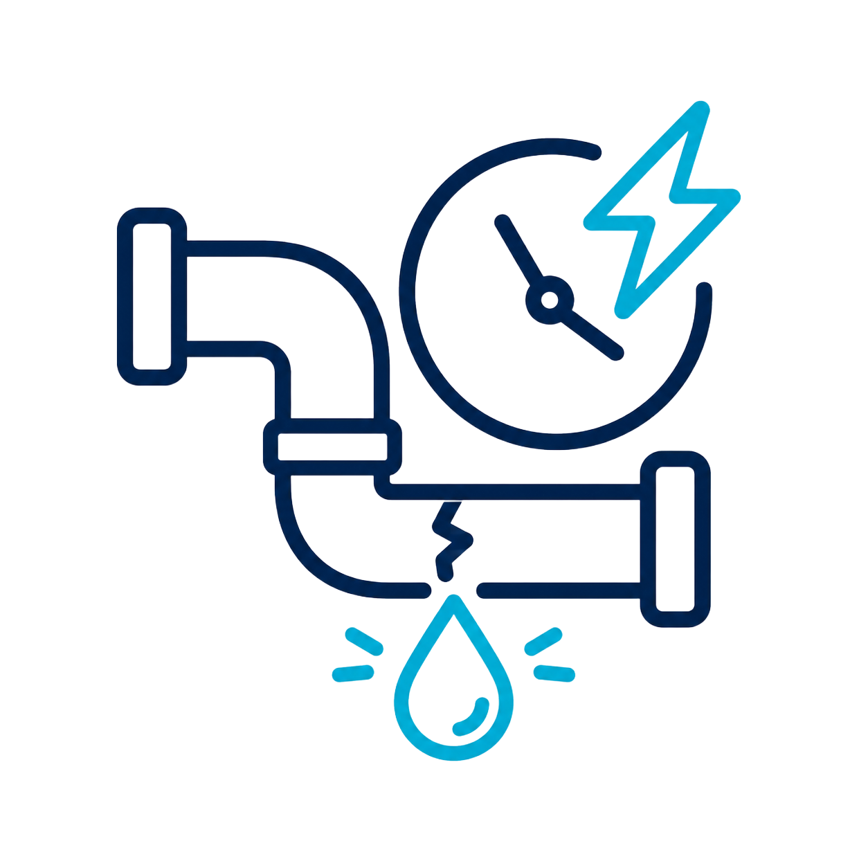 Blue plumbing pipes with a clock, lightning bolt, and water droplet indicating a leak or maintenance issue