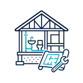 House plumbing repair icon with sink, toilet, blueprint, and wrench in blue line art