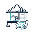 House cross-section with blue plumbing icons and a wrench over a blueprint, suggesting home repair or renovation