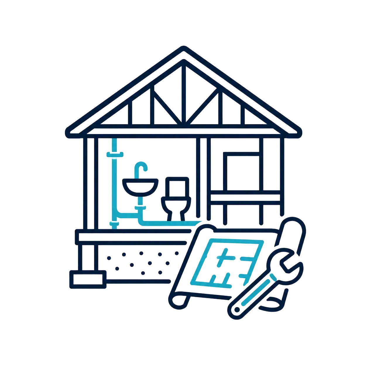 House cross-section with blue plumbing icons and a wrench over a blueprint, suggesting home repair or renovation