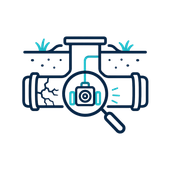 Magnifying glass over a broken underground pipe with water leak and inspection icon