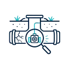 Illustration of a cracked water pipe leak being inspected with a magnifying glass and camera icon