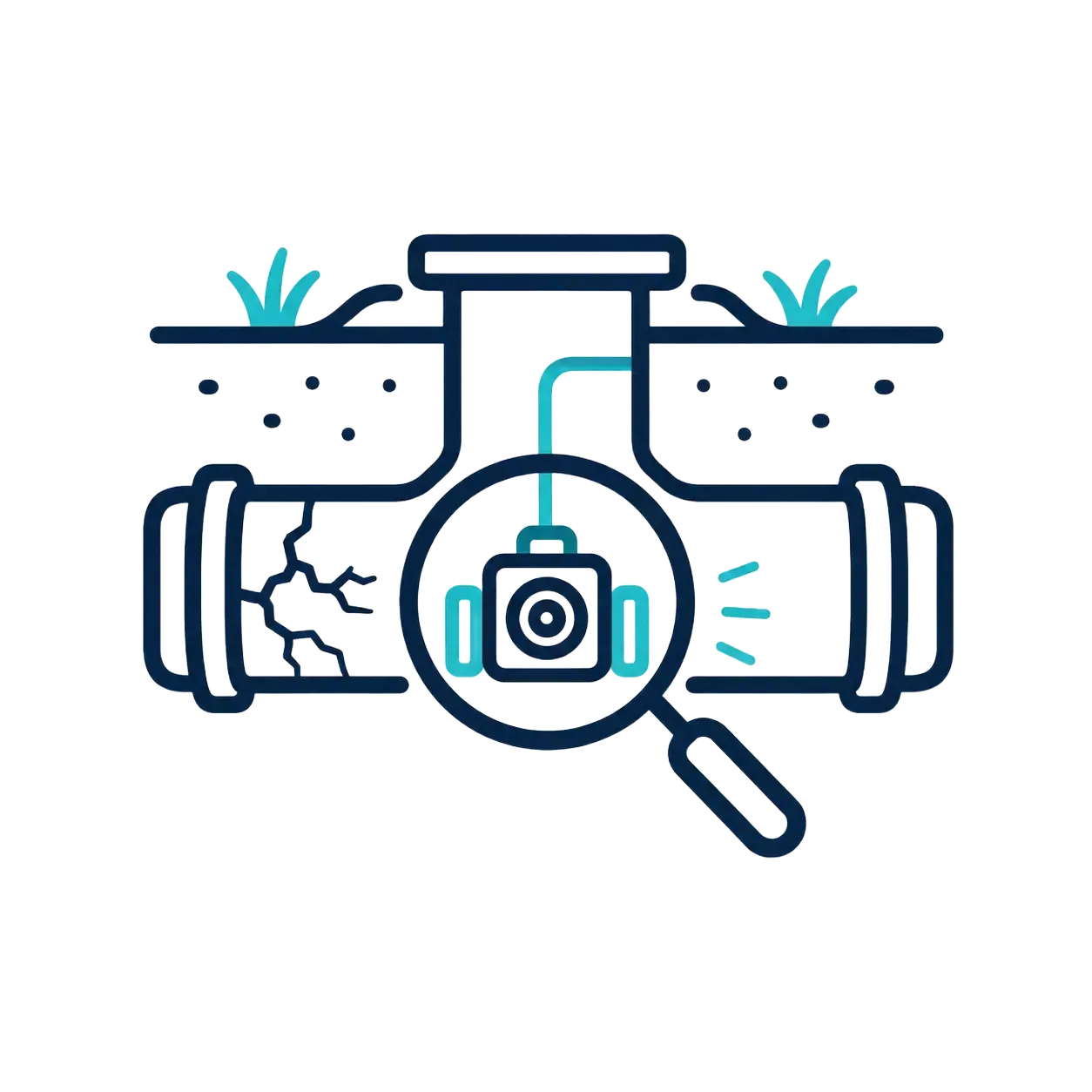Illustration of a cracked water pipe leak being inspected with a magnifying glass and camera icon