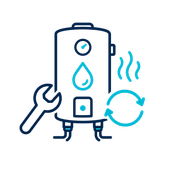 Blue water heater icon with wrench, droplet, heat waves, and recycle symbol, suggesting maintenance or efficiency