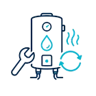 Blue water heater icon with wrench, droplet, heat waves, and recycle symbol, suggesting maintenance or efficiency