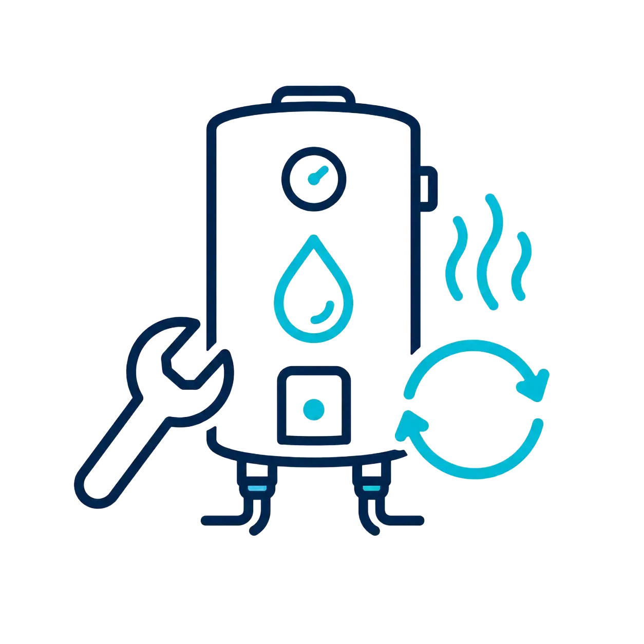 Blue water heater icon with wrench, droplet, heat waves, and recycle symbol, suggesting maintenance or efficiency