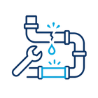 Blue plumbing pipe with wrench icon and a water leak dripping from a broken joint