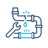 Blue leaking pipe with wrench repair icon on white background