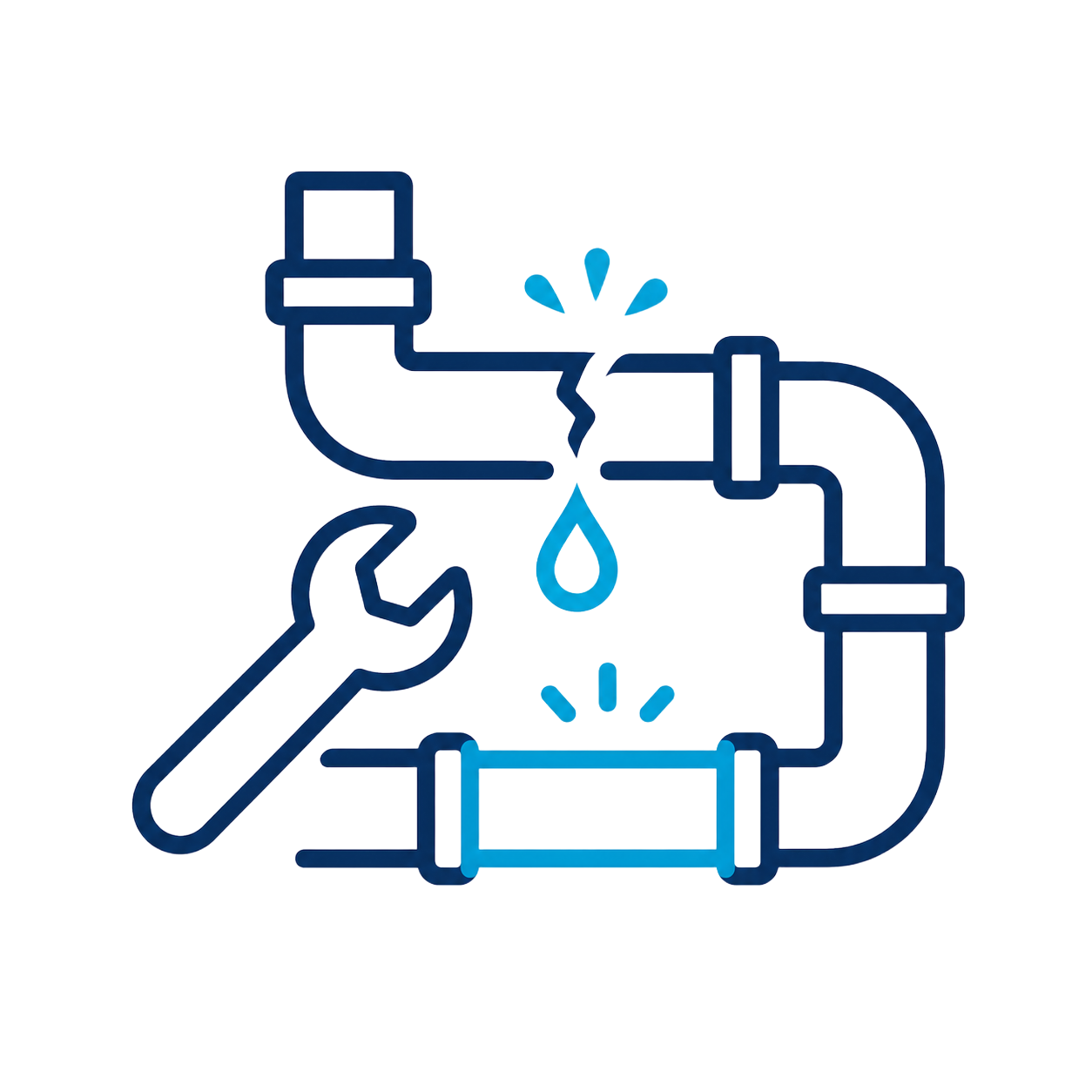 Blue plumbing pipe with wrench icon and a water leak dripping from a broken joint