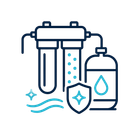 Water filtration system icon with blue filter, water drop, shield, and flowing lines