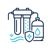 Water filtration system icon with blue filter, water drop, shield, and flowing lines