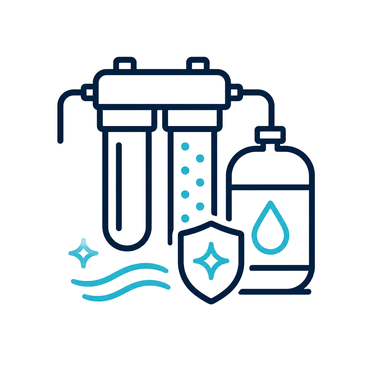 Water filtration system icon with blue filter, water drop, shield, and flowing lines