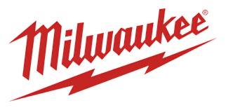Milwaukee red logo with stylized script and lightning bolt underline on white background