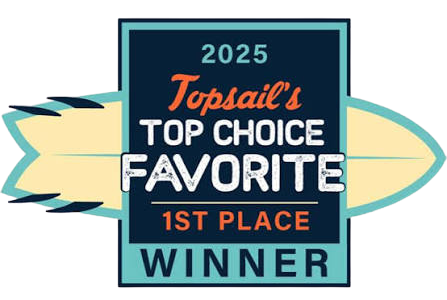 2025 Topsail’s Top Choice Favorite 1st Place Winner badge in teal, black, cream, and coral
