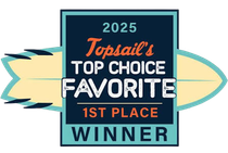 2025 Topsail’s Top Choice Favorite 1st Place Winner badge in teal, black, cream, and coral