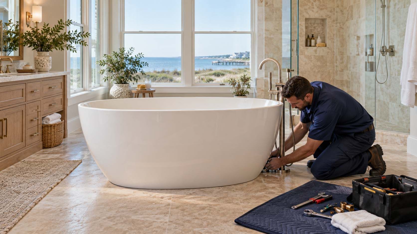 Worker installing a freestanding bathtub in a bright bathroom with ocean view