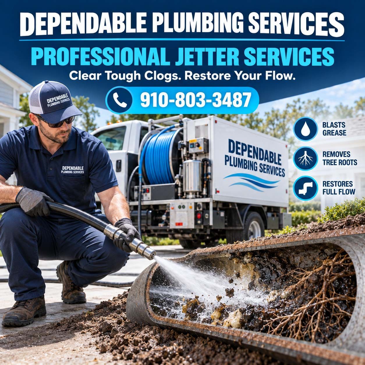 Plumber using a jetting hose to clean a clogged sewer pipe beside a service truck