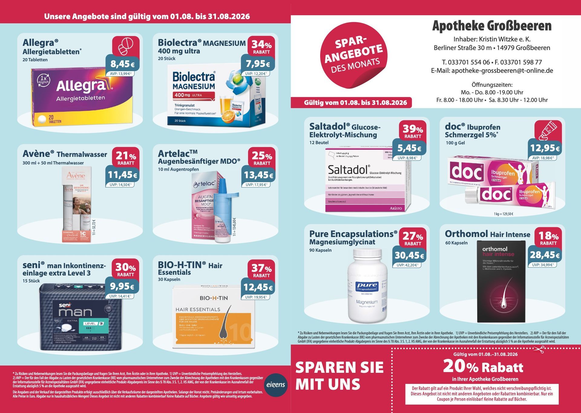 Ein Flyer für eine Apotheke mit einem Coupon, der 20 % Rabatt sagt