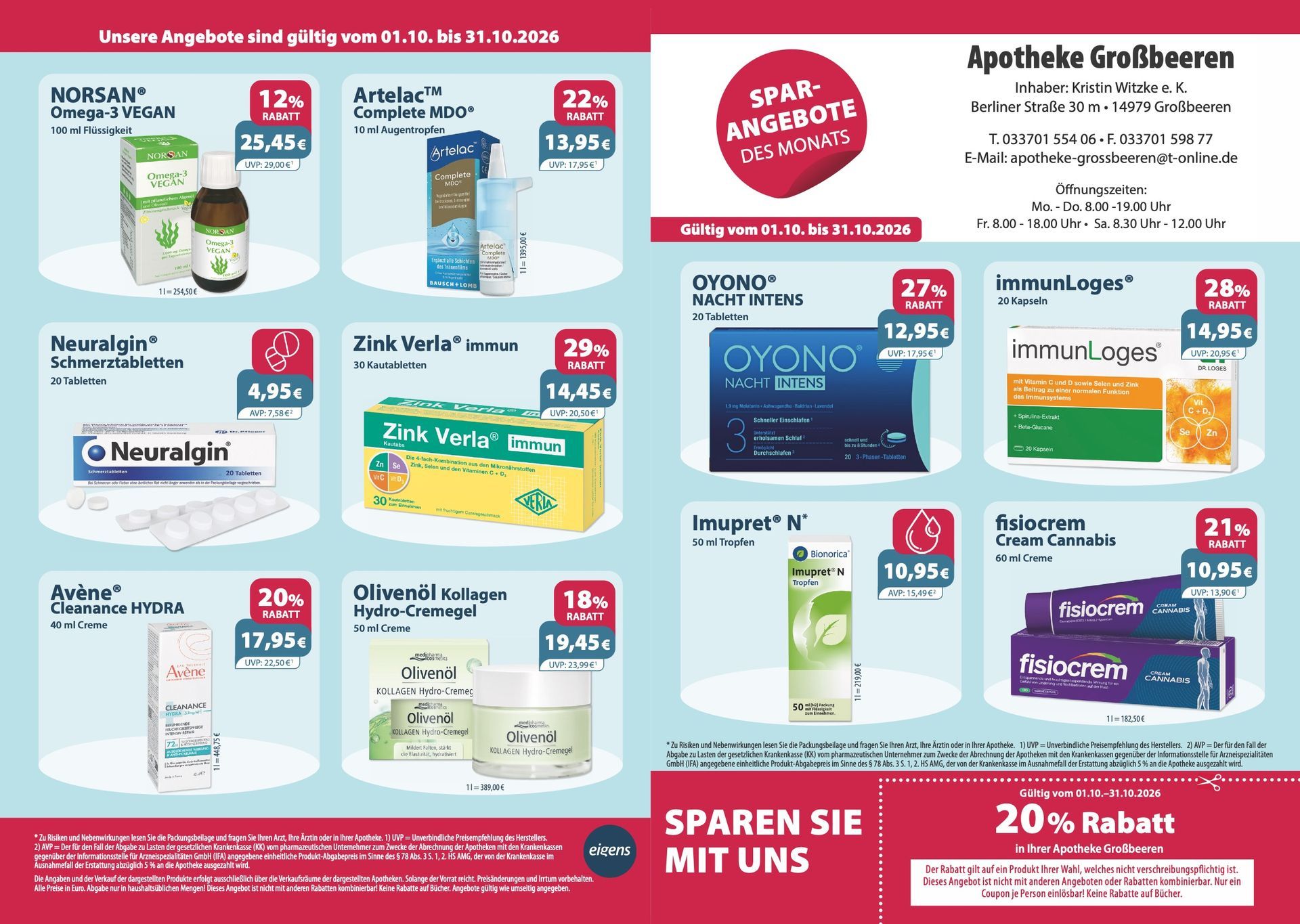 Ein Flyer für eine Apotheke mit einem Coupon, der 20 % Rabatt sagt