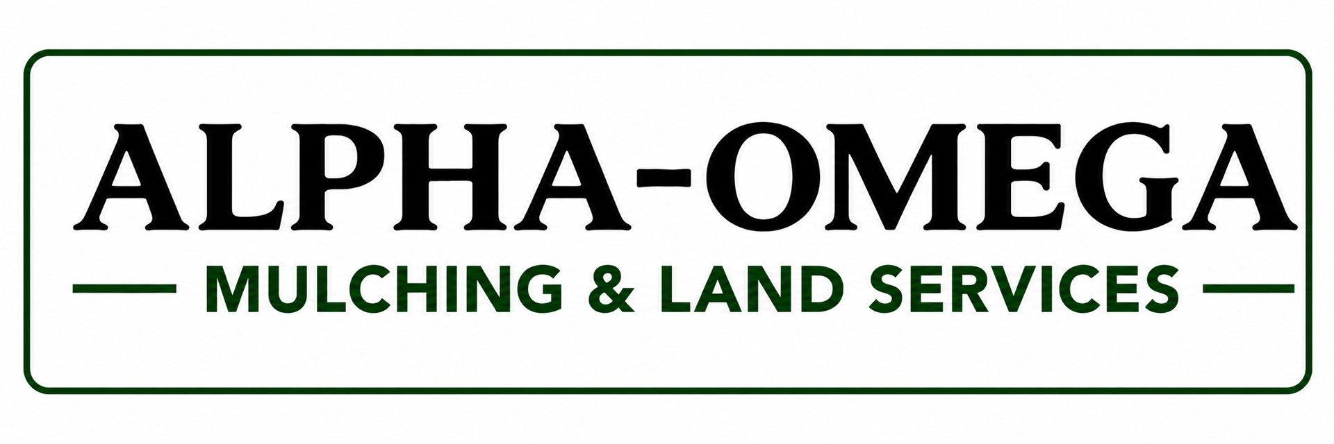 ALPHA-OMEGA Mulching & Land Services logo in black and green on a white background