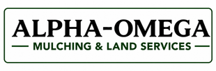 ALPHA-OMEGA Mulching & Land Services logo in black and green on a white background