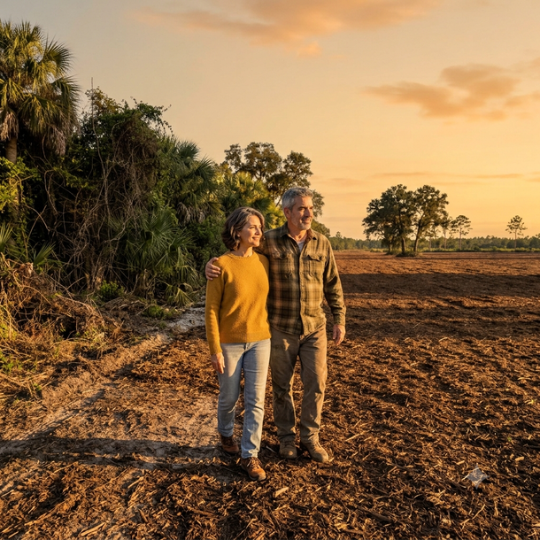 Two people standing in a plowed field at sunset with trees and warm orange sky behind them